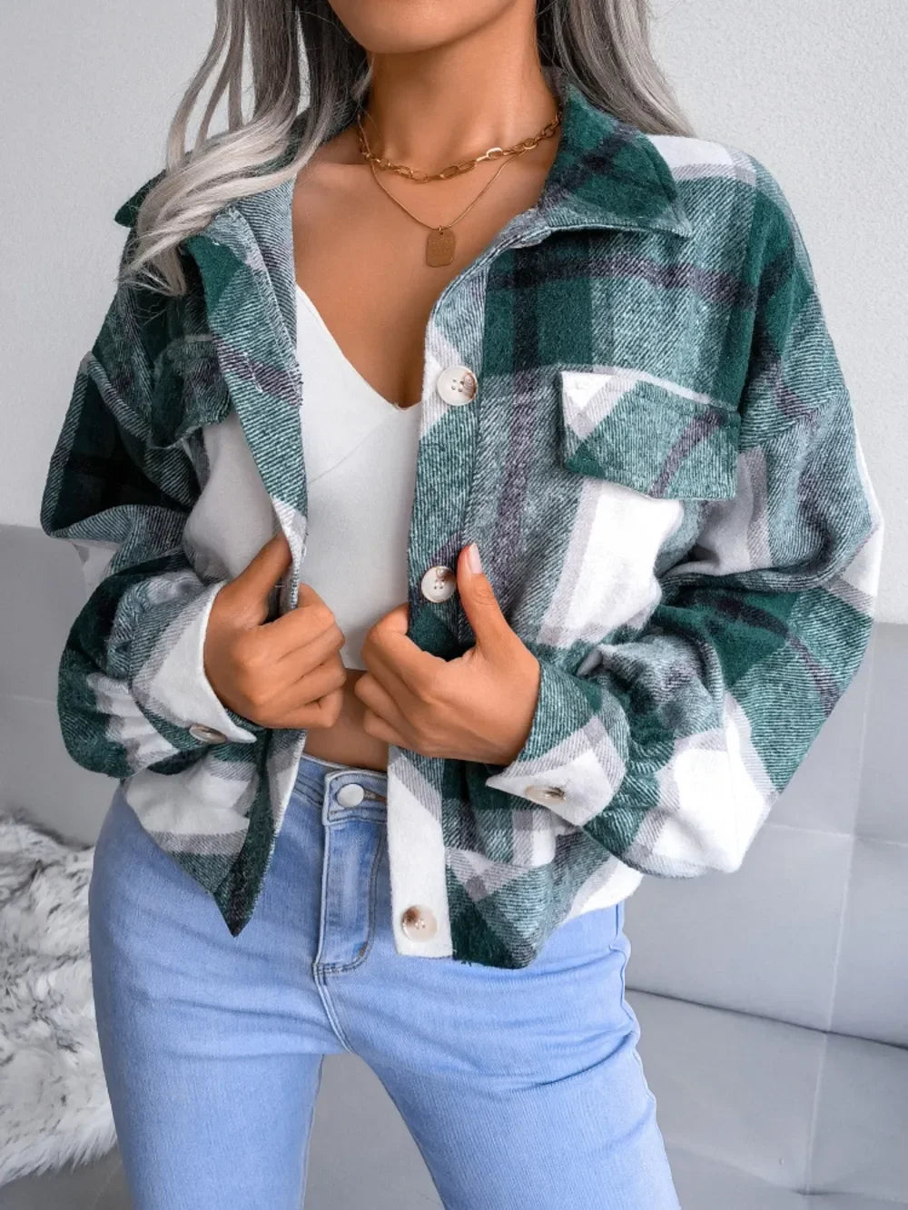 Plaid Collared Neck Long Sleeve Jacket - Piña Colada