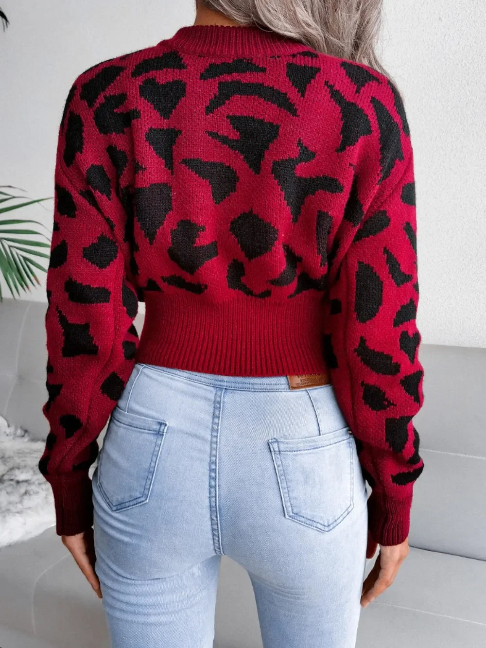 Leopard Round Neck Dropped Shoulder Sweater - Piña Colada