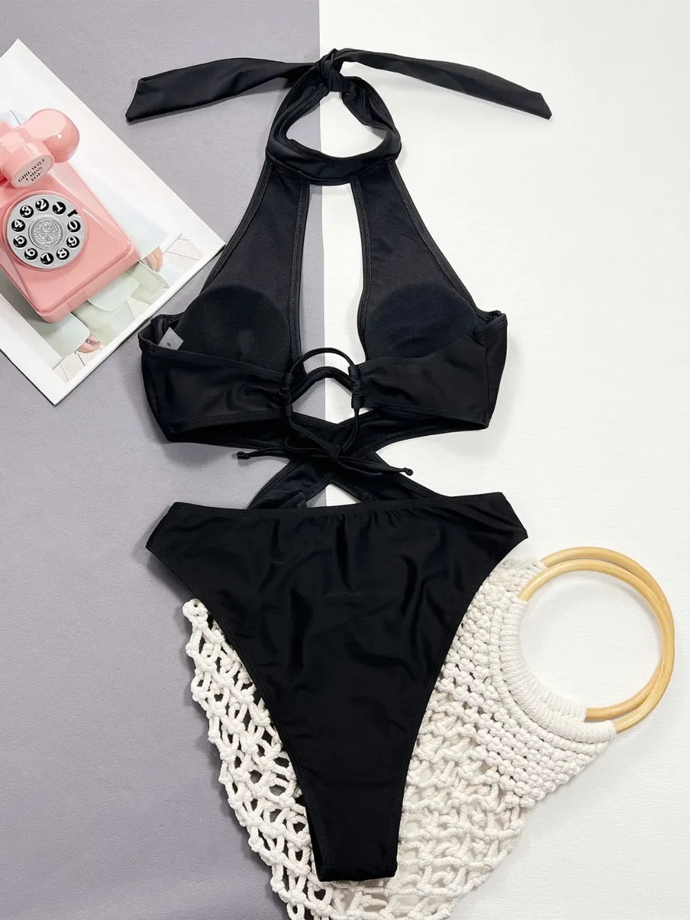 Cutout Halter Neck One-Piece Swimwear - Piña Colada
