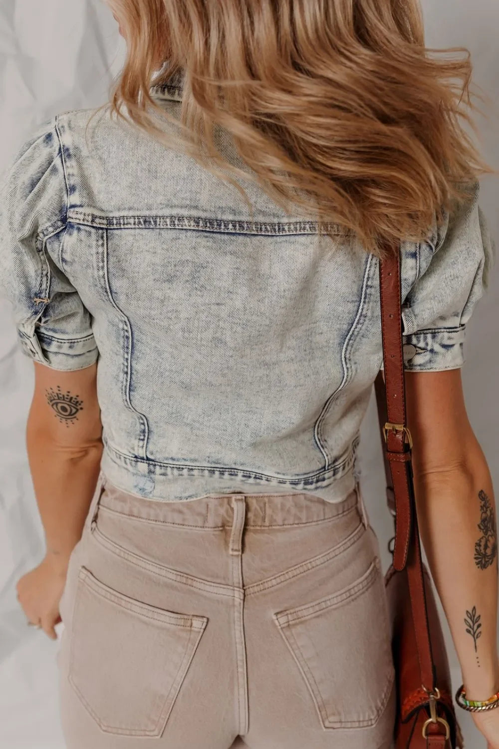 Wash Buttoned Chest Pocket Puff Sleeve Denim Jacket - Piña Colada