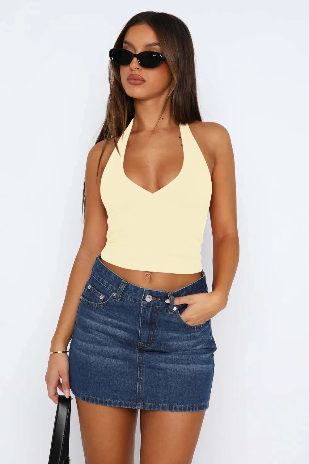 Lovelet Halter Neck Cropped Slim Cami - Piña Colada