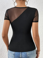 Mesh Patchwork Round Neck Short Sleeve Top - Piña Colada