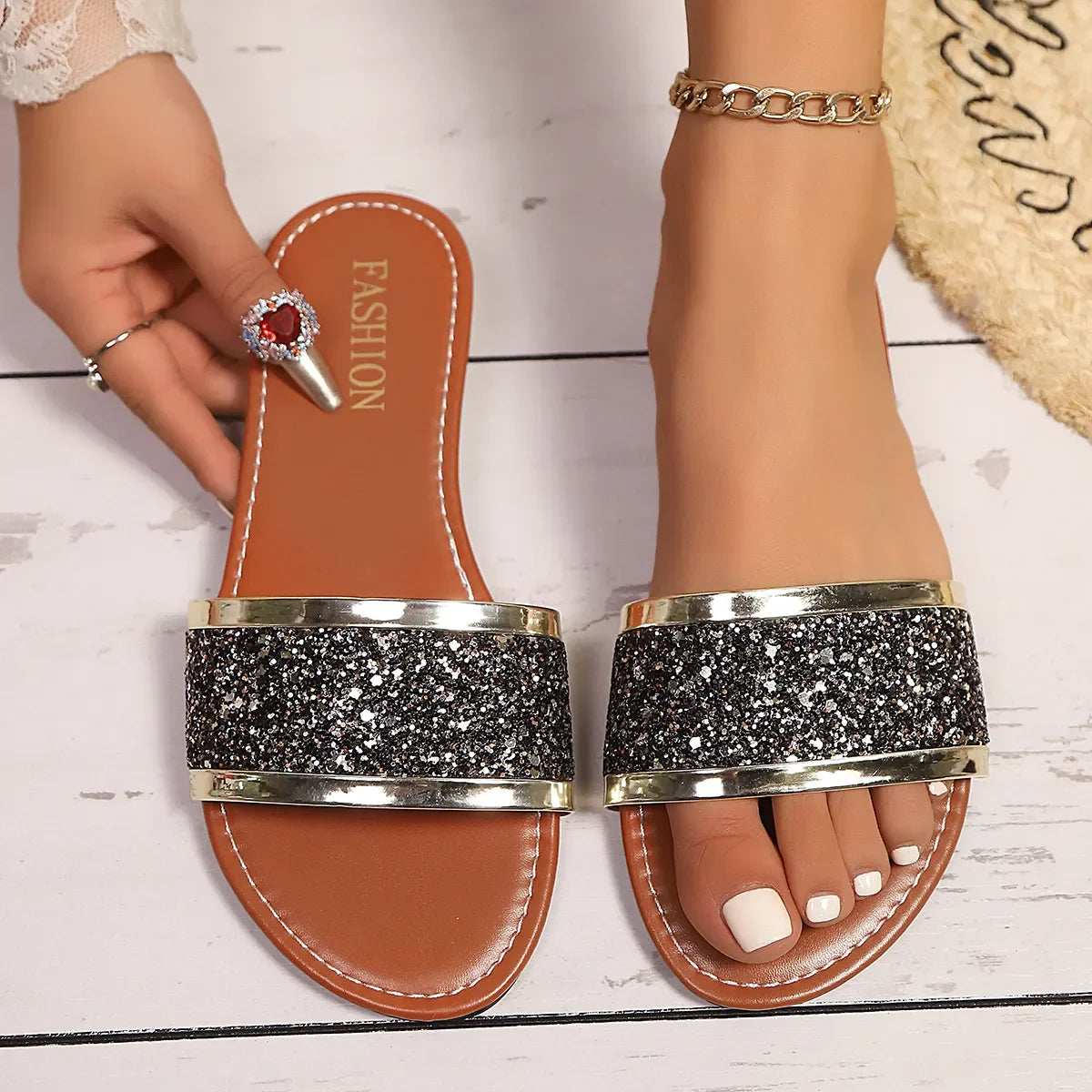 Glitter Open Toe Flat Sandals - Piña Colada
