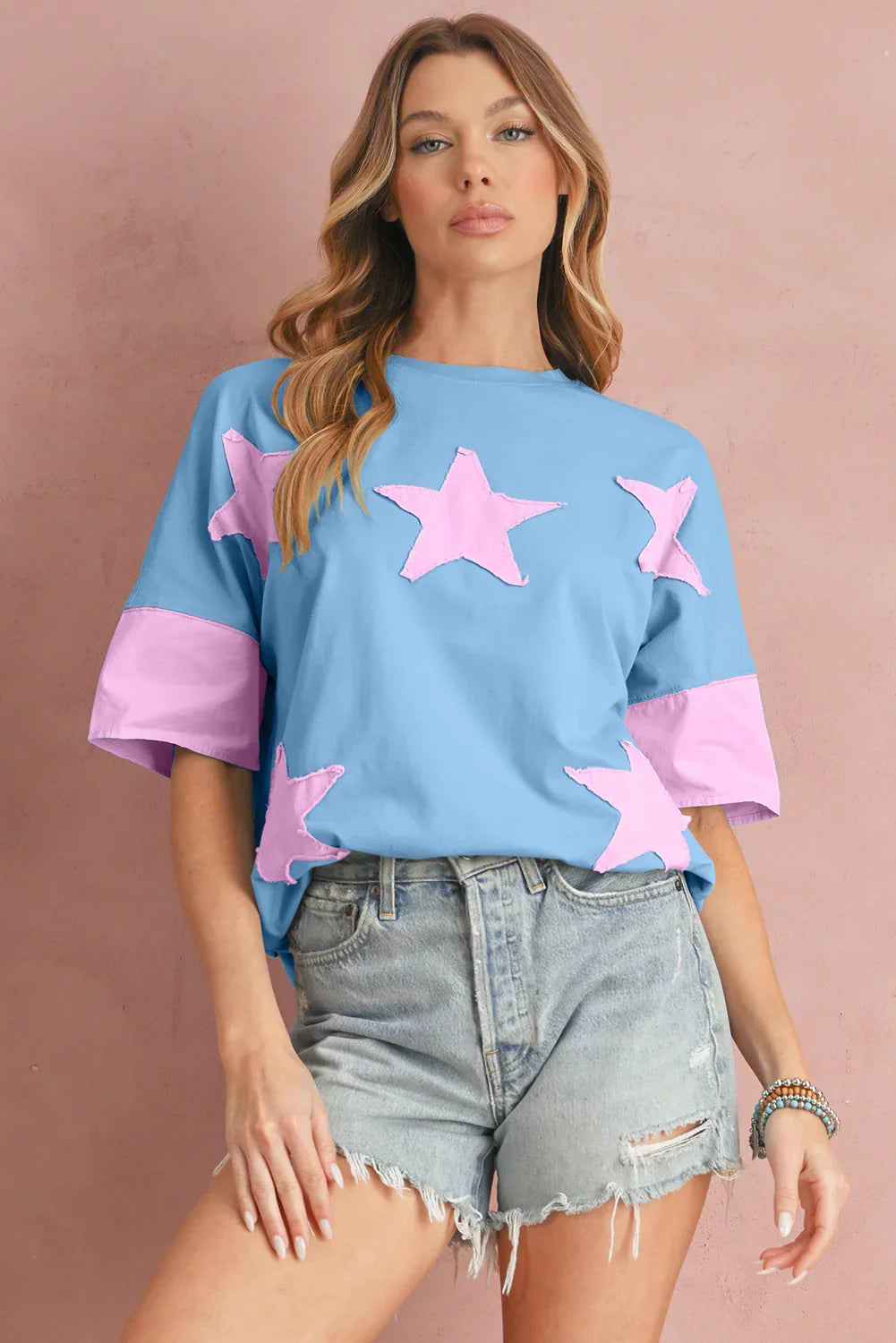 Oversized Star Patch T-Shirt – Raw Hem Split Design for Women - Piña Colada
