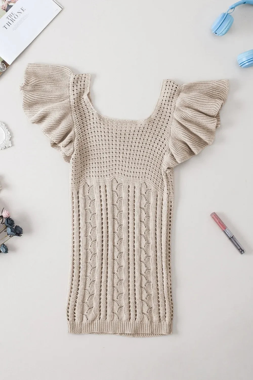 Openwork Ruffled Scoop Neck Knit Top - Piña Colada