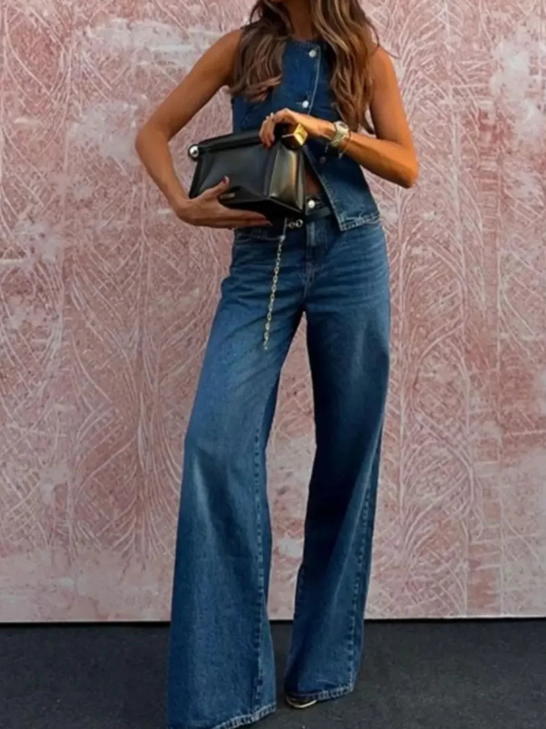 Button Down Vest and Flare Jeans Denim Set - Piña Colada