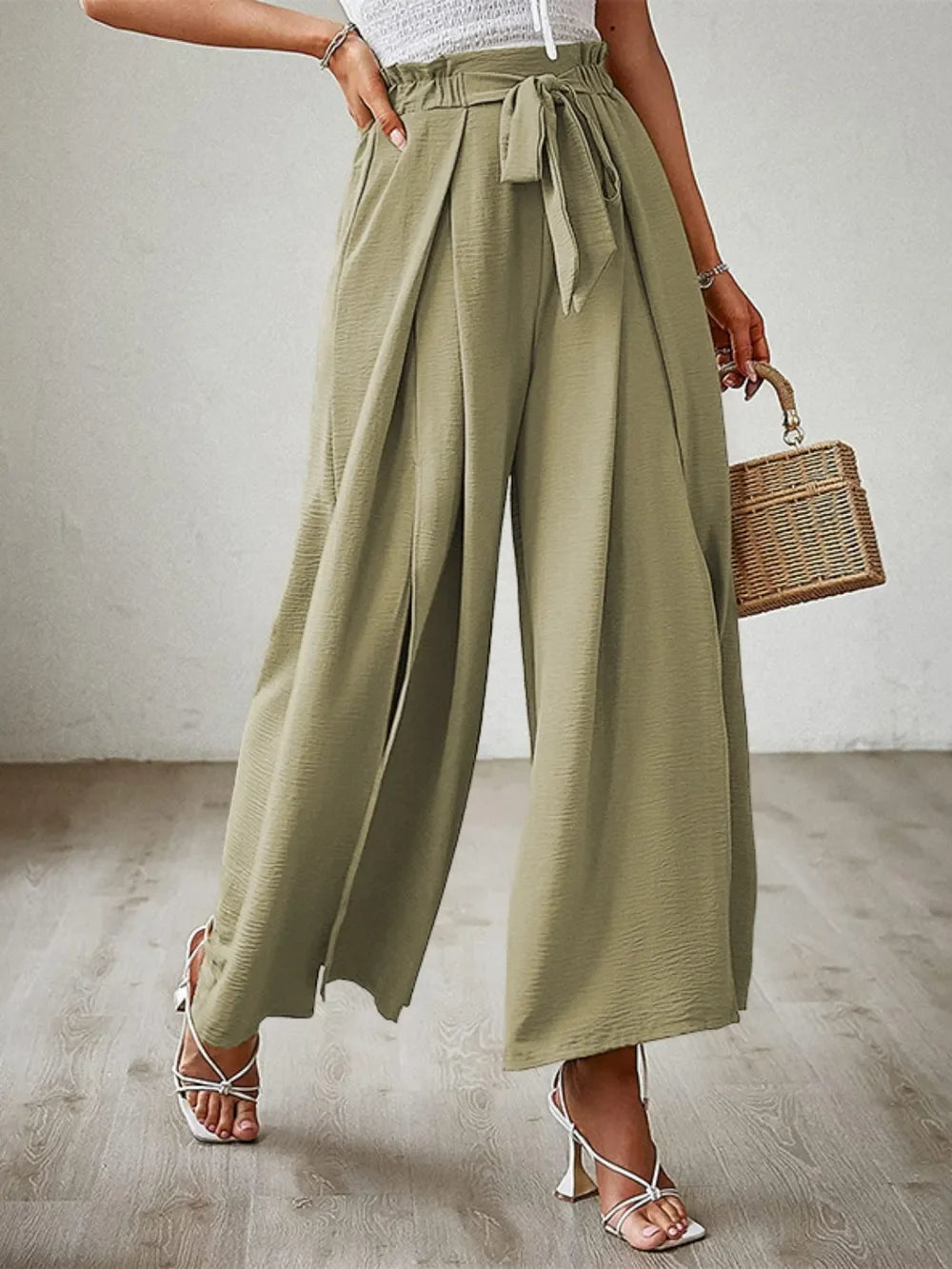 Tied Slit Wide Leg Pants - Piña Colada