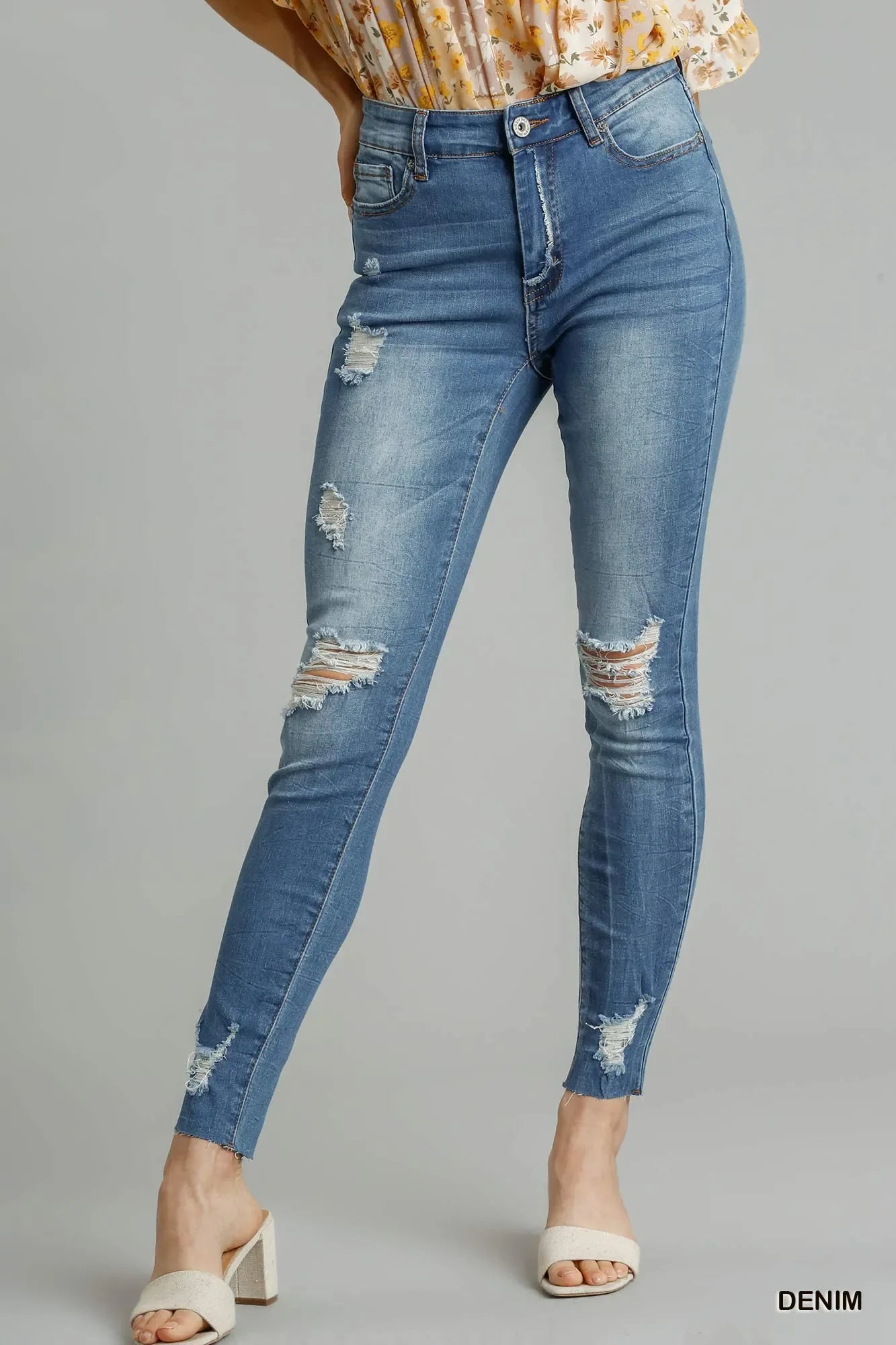 Umgee Distressed Skinny Jeans with Edge Detail - Piña Colada