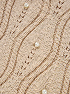 Pearl Beaded Pointelle Knit V Neck Lace Patchwork Sleeve Sweater - Piña Colada