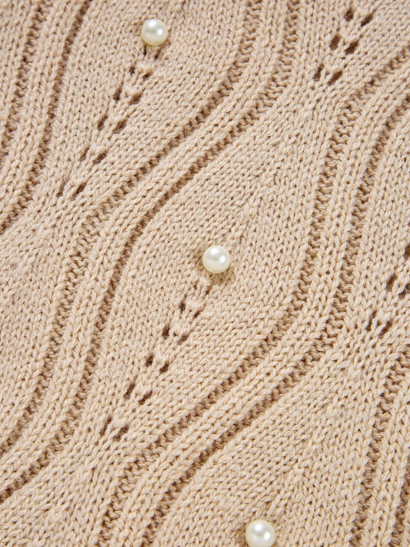 Pearl Beaded Pointelle Knit V Neck Lace Patchwork Sleeve Sweater - Piña Colada