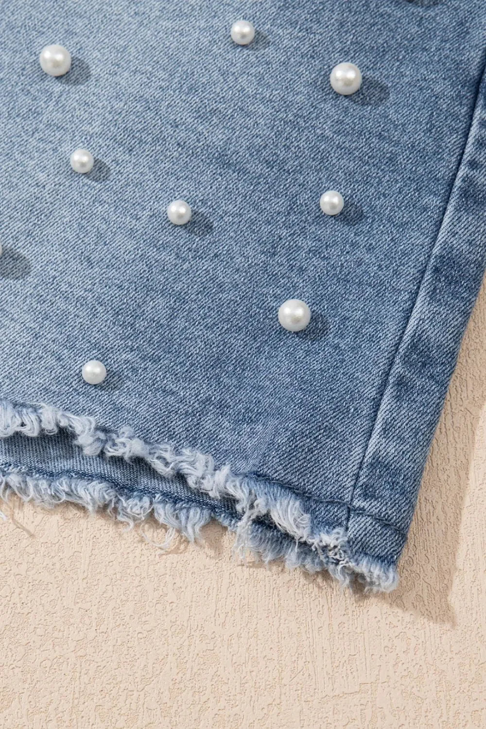 Pearl Beaded Raw Hem Wash Denim Shorts - Piña Colada