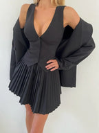 Button Up Vest and Pleated Mini Skirt Set - Piña Colada