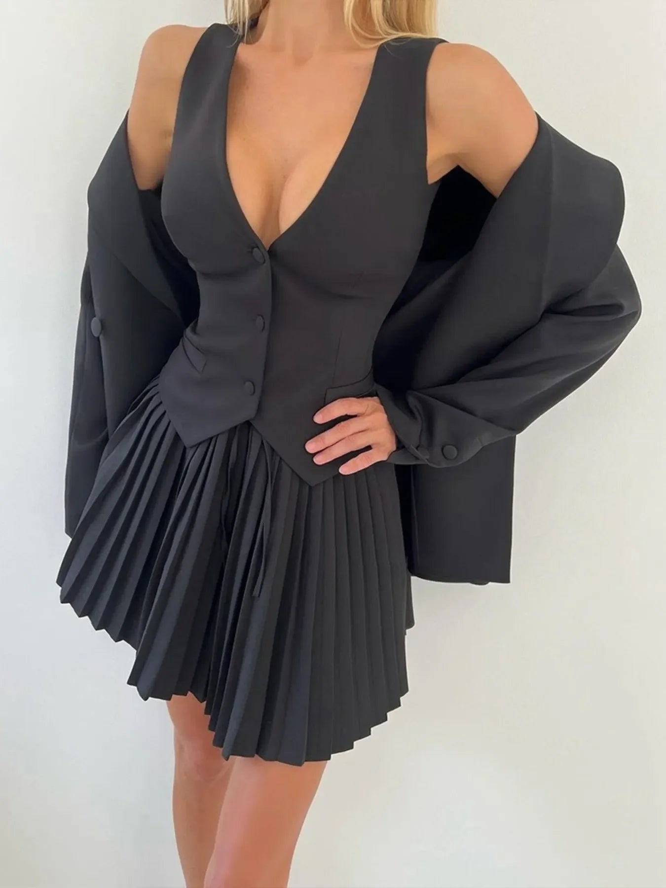Button Up Vest and Pleated Mini Skirt Set - Piña Colada