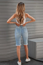 Distressed Raw Hem Denim Bermuda Shorts - Piña Colada