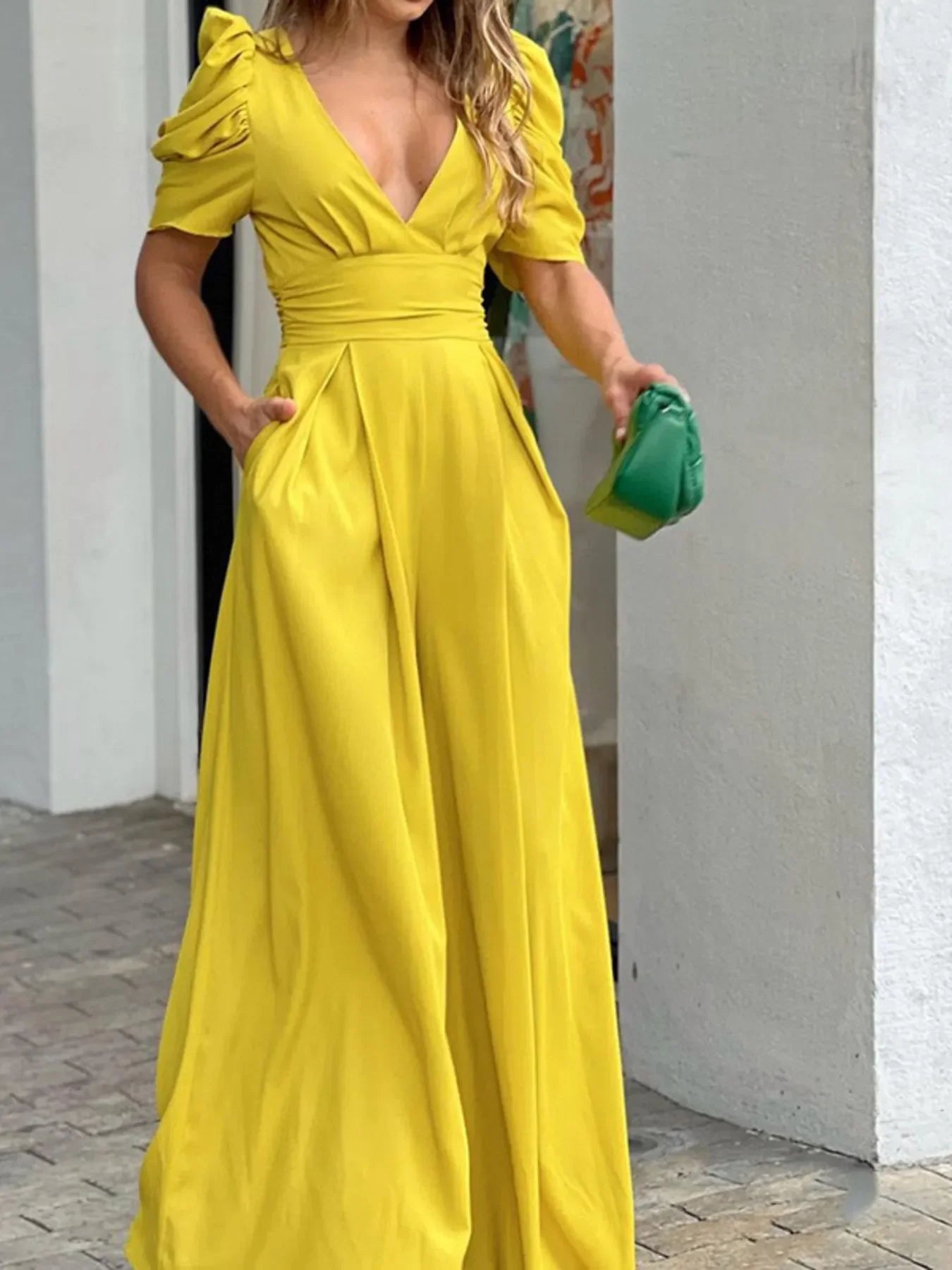 Full Size Cutout V-Neck Puff Sleeve Jumpsuit Plus Size - Piña Colada