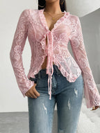Tie Front Long Sleeve Lace Top - Piña Colada