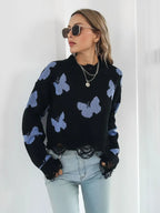Distressed Butterfly Cropped Sweater - Piña Colada