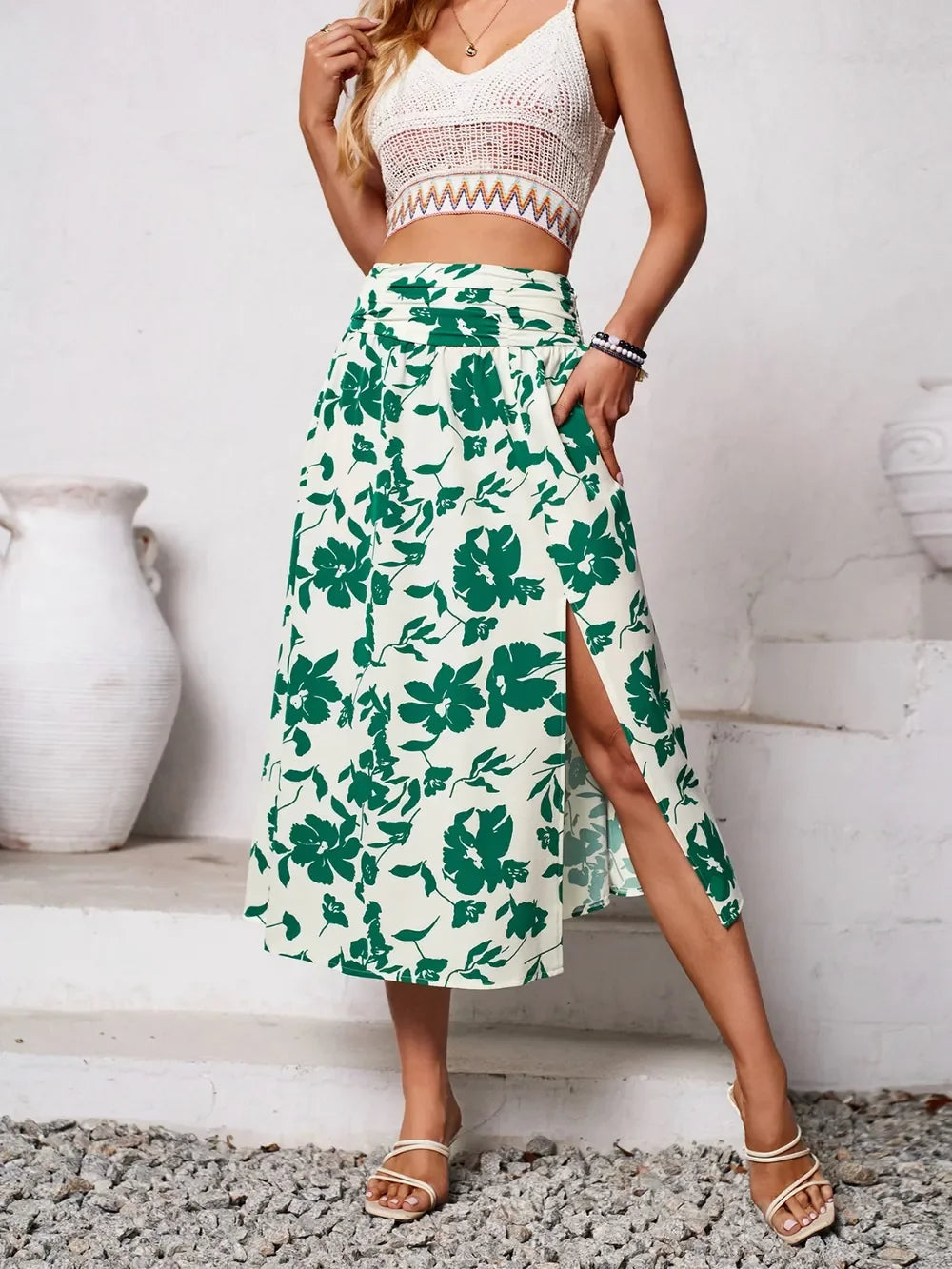 Slit Printed Midi Skirt - Piña Colada