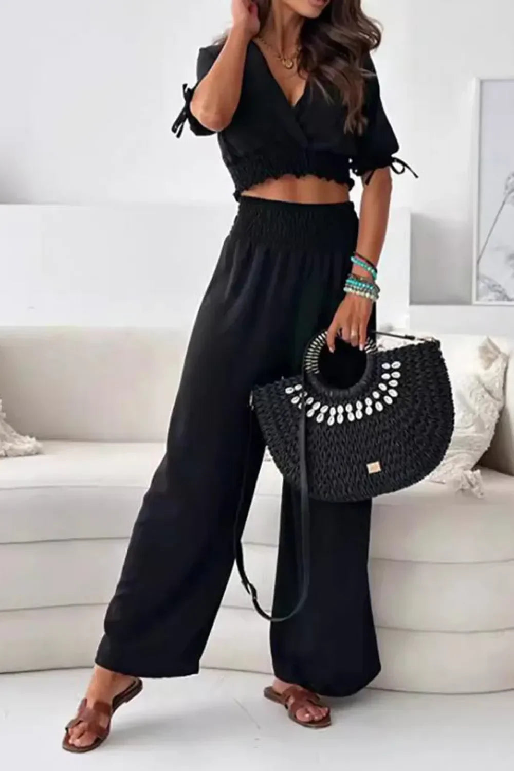 Surplice Short Sleeve Top and Pants Set - Piña Colada