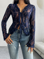 Tie Front Long Sleeve Lace Top - Piña Colada