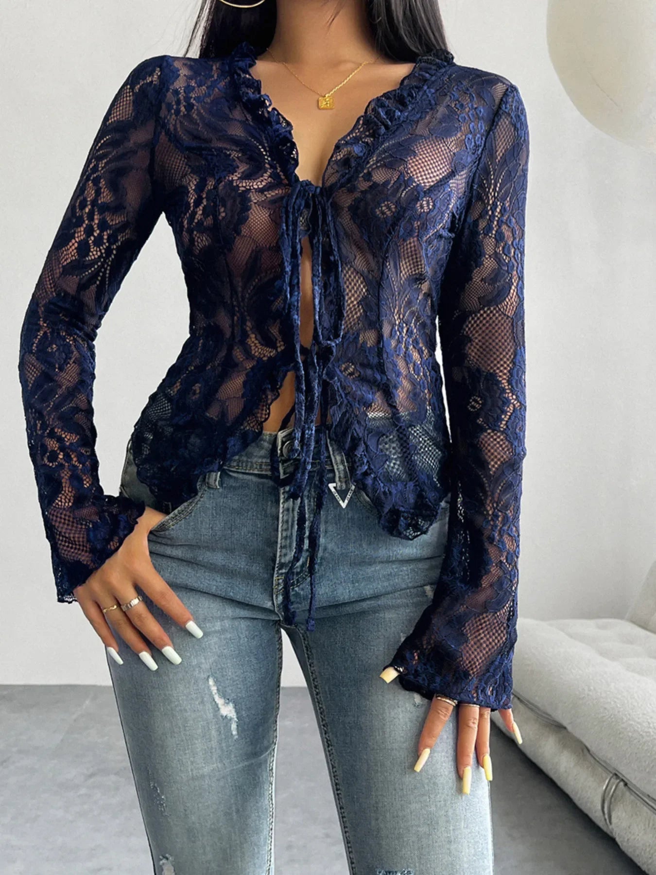 Tie Front Long Sleeve Lace Top - Piña Colada