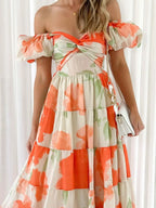 Off-Shoulder Floral Tiered Dress with Ruffle Details - Piña Colada