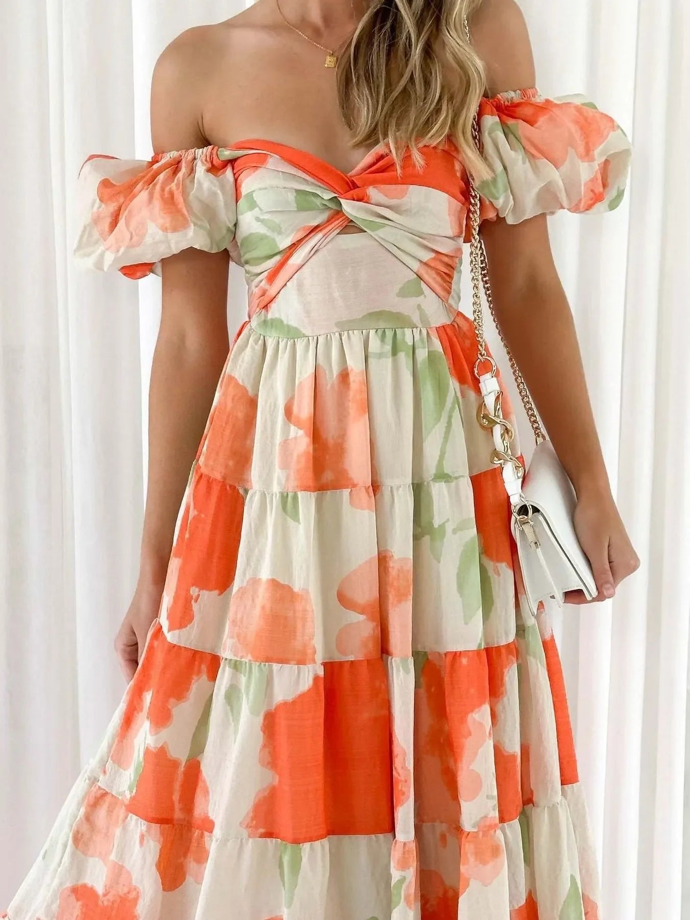 Off-Shoulder Floral Tiered Dress with Ruffle Details - Piña Colada
