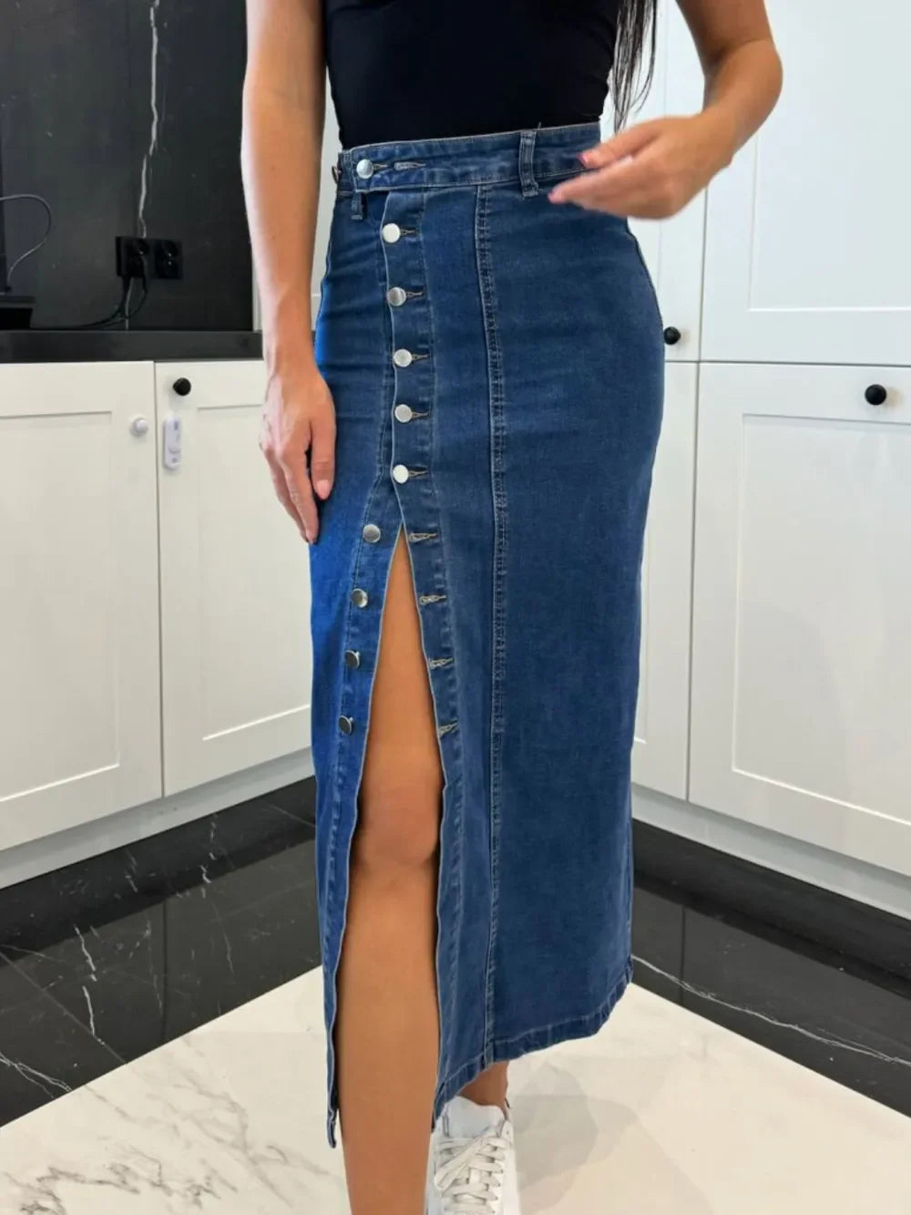 Front Button Slit Midi Denim Skirt - Piña Colada