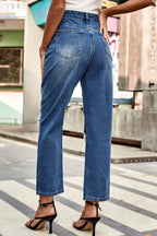 Distressed High Waist Straight Jeans - Piña Colada