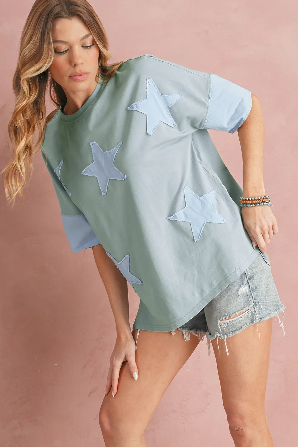 Oversized Star Patch T-Shirt – Raw Hem Split Design for Women - Piña Colada