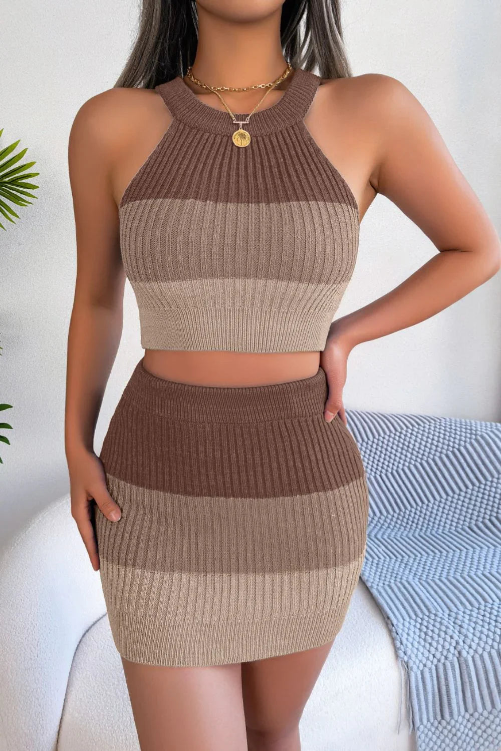 Color Block Sleeveless Crop Knit Top and Skirt Set - Piña Colada