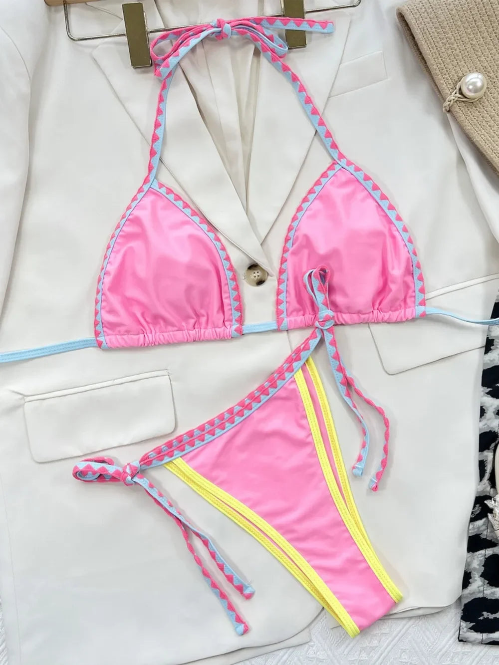 Contrast Trim Halter Neck Bikini Set - Piña Colada