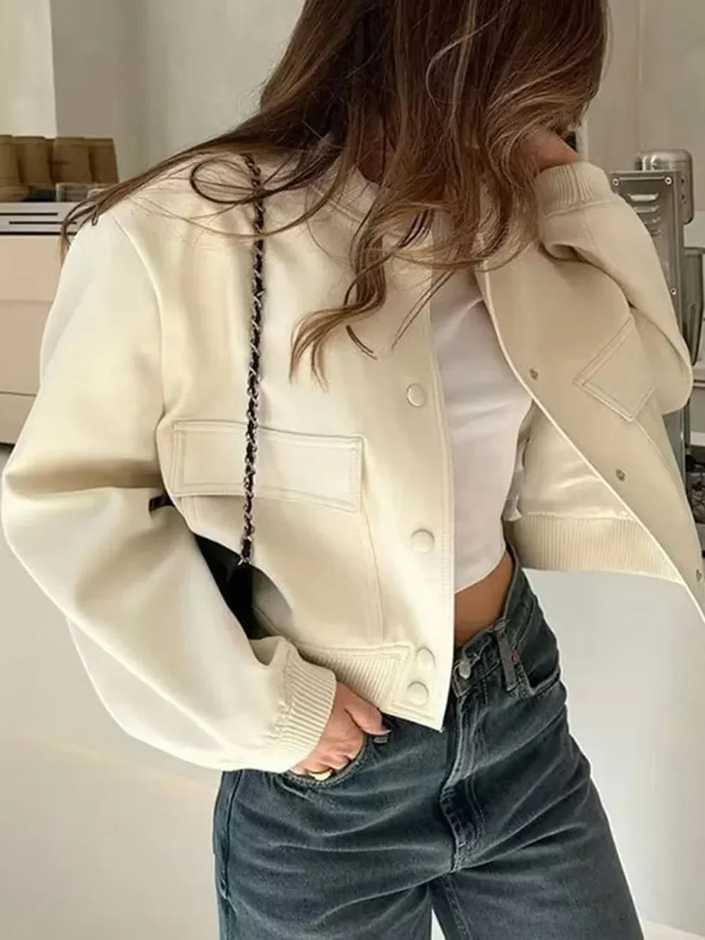 Pocketed Snap Down Baseball Collar Jacket - Piña Colada