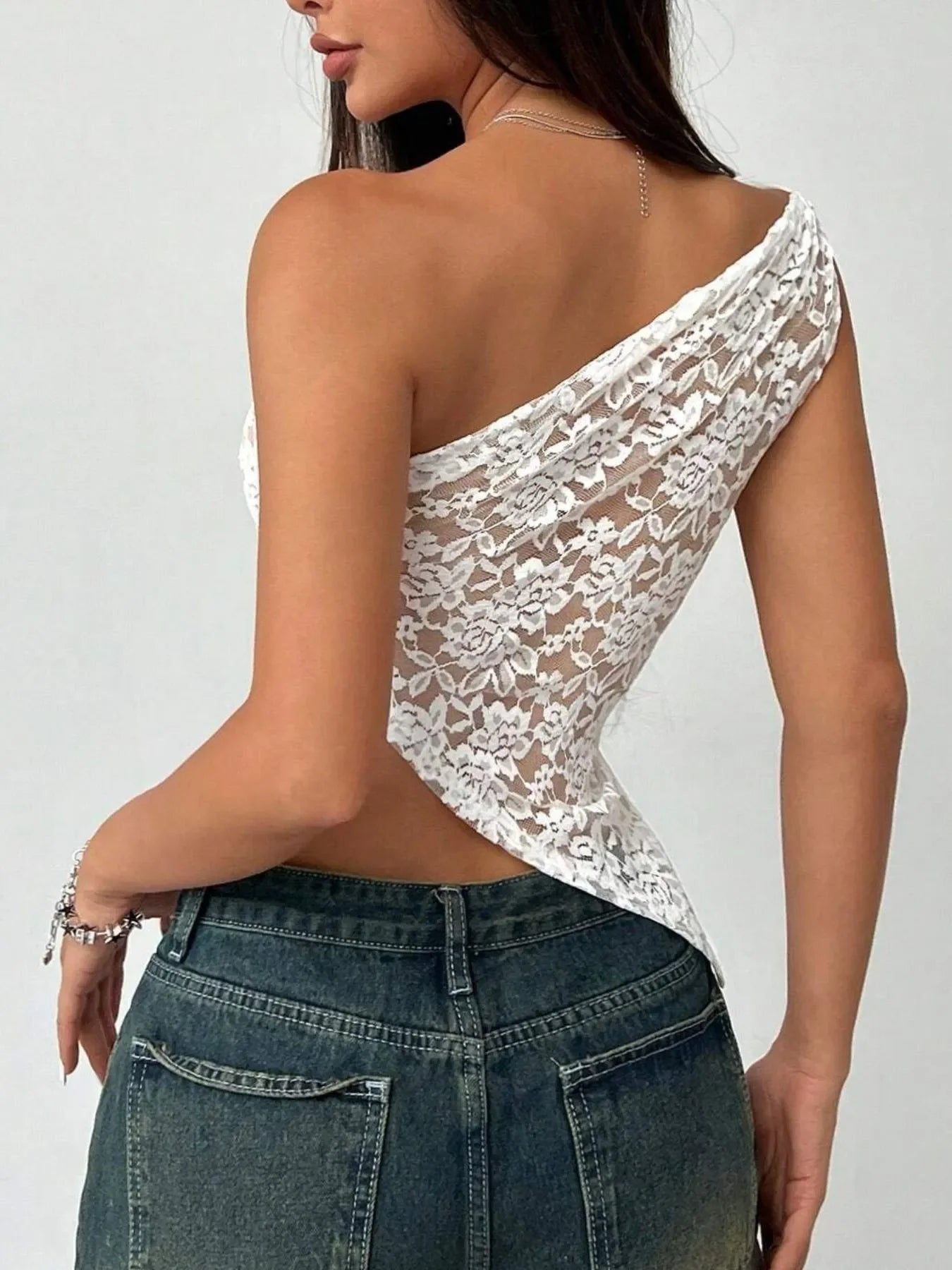 Lace One-Shoulder Asymmetric Top - Piña Colada