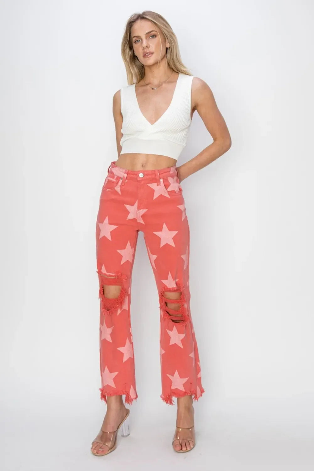 RISEN Full Size Distressed Raw Hem Star Pattern Jeans - Piña Colada