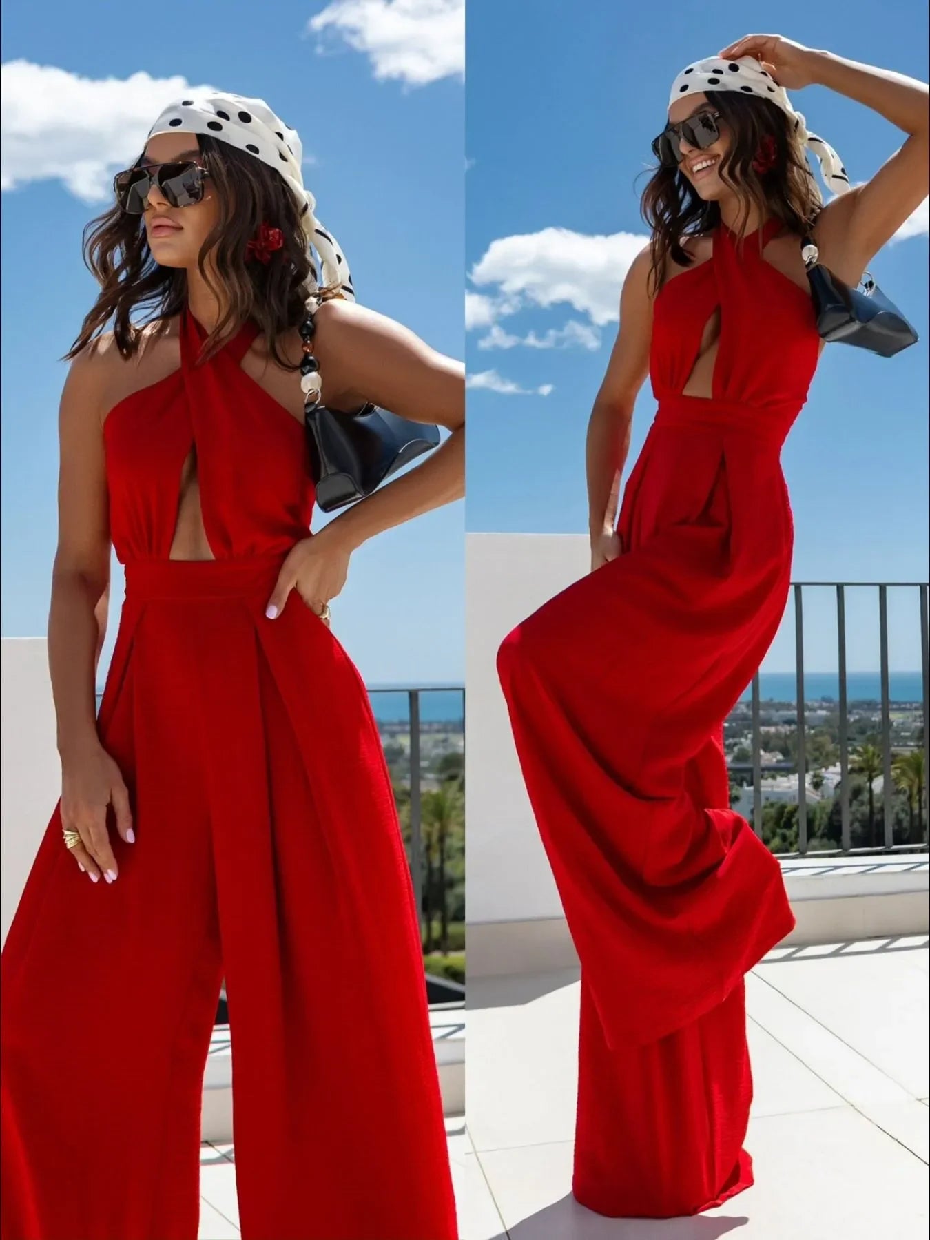 Wide Leg Cutout Halter Neck Jumpsuit - Piña Colada