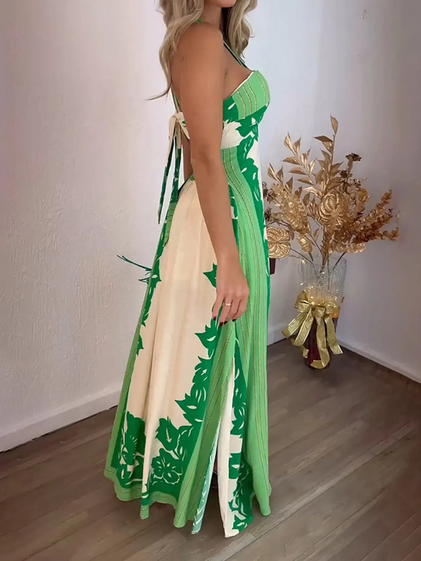 Halter Neck Leaf Print Maxi Dress - Piña Colada