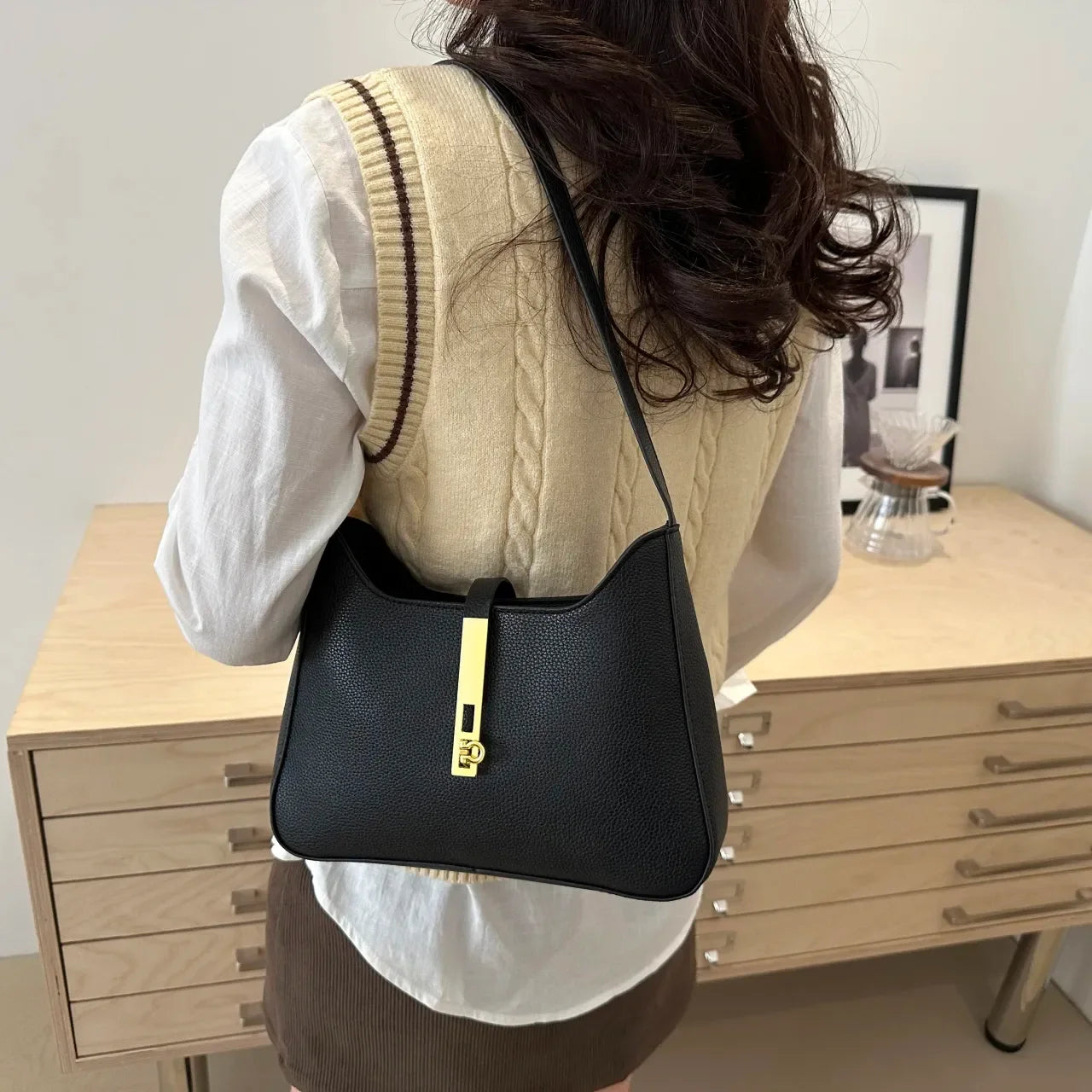 Leather Shoulder Bag with Gold Accent - Piña Colada