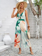 Cutout Printed Wide Strap Jumpsuit - Piña Colada