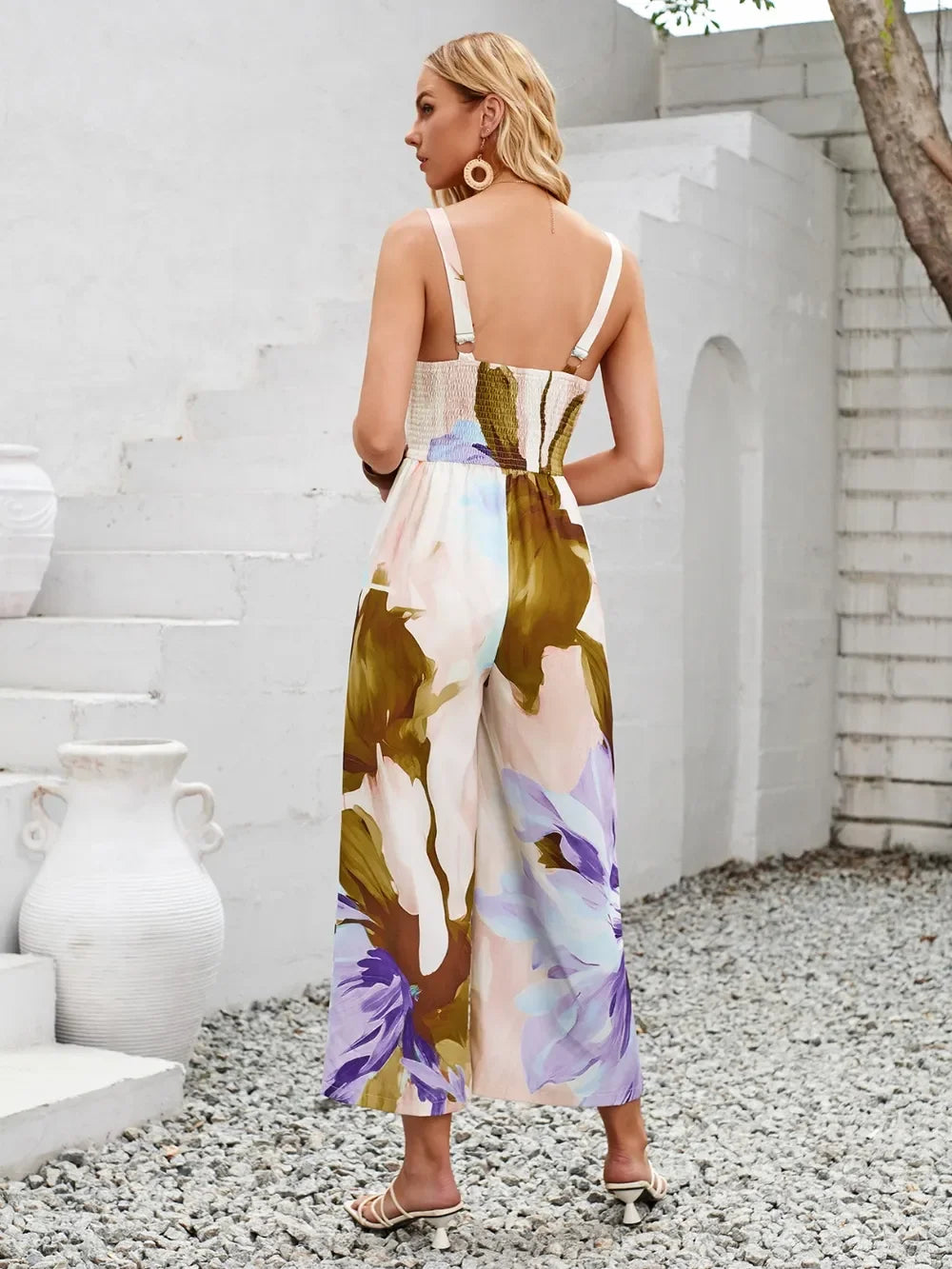 Cutout Printed Wide Strap Jumpsuit - Piña Colada