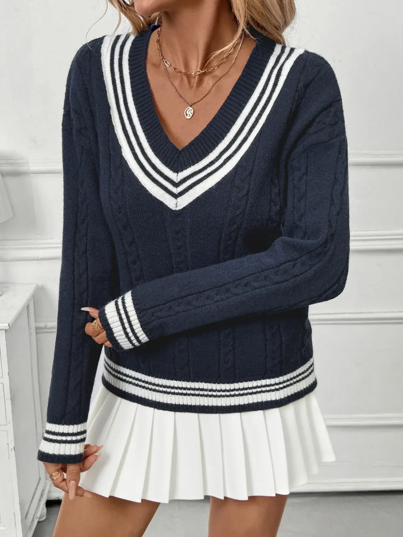 Contrast Striped V-Neck Sweater - Piña Colada