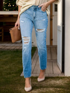 Distressed Buttoned Jeans with Pockets - Piña Colada