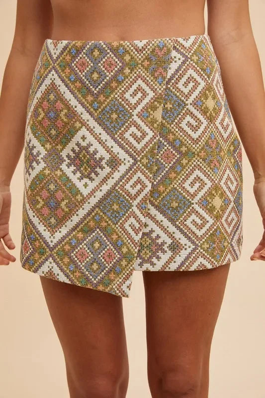 Annie Wear Ethic Woven Jacquard Wrap Mini Skirt - Piña Colada