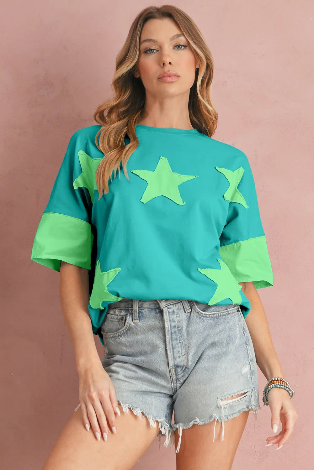 Oversized Star Patch T-Shirt – Raw Hem Split Design for Women - Piña Colada