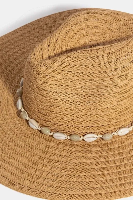 Fame Shell Beaded Wide Brim Straw Hat - Piña Colada