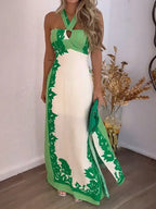Halter Neck Leaf Print Maxi Dress - Piña Colada