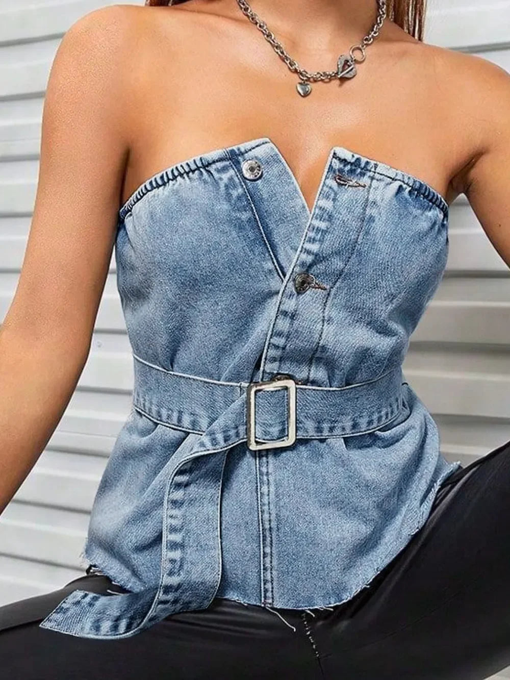 Frayed Hem Button Detail Tube Top - Piña Colada