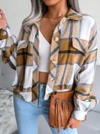 Plaid Collared Neck Long Sleeve Jacket - Piña Colada