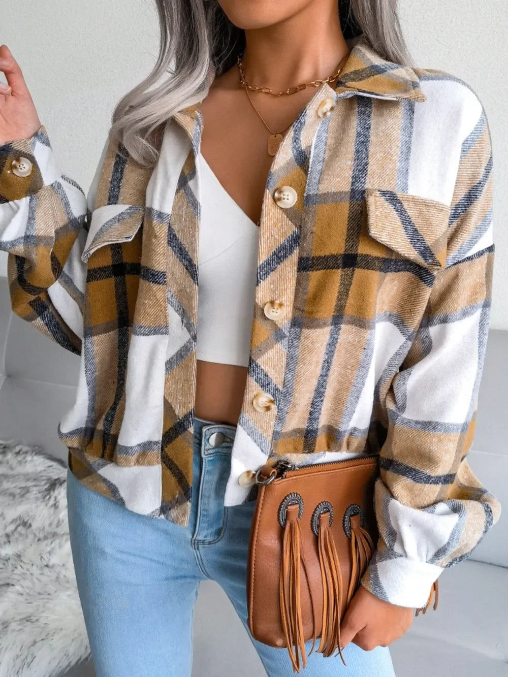 Plaid Collared Neck Long Sleeve Jacket - Piña Colada