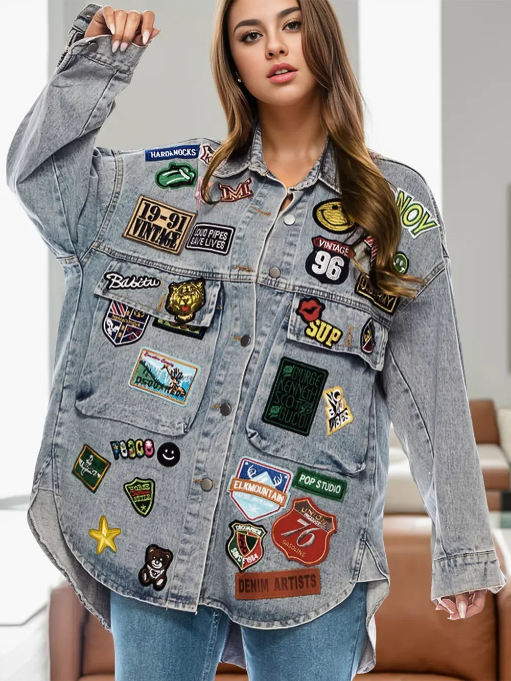 Embroidered Patch Button Up Long Sleeve Denim Jacket - Piña Colada